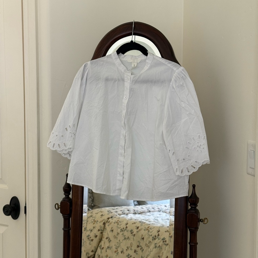 White Eyelet Sleeve Button Down Shirt